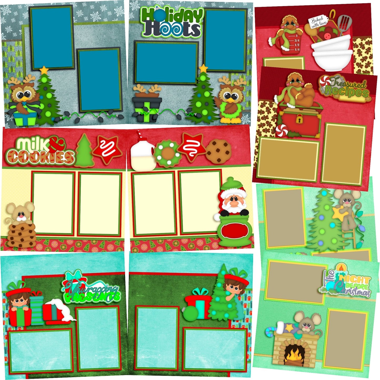 Holiday Hoots - Set of 5 Double Page Scrapbook Layouts - 1192