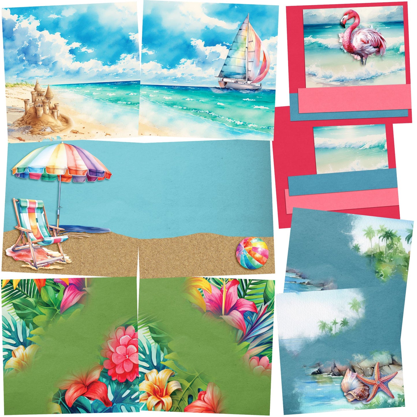 Summer at the Beach - EZ Background Pages -  Digital Bundle - 10 Digital Scrapbook Pages - INSTANT DOWNLOAD