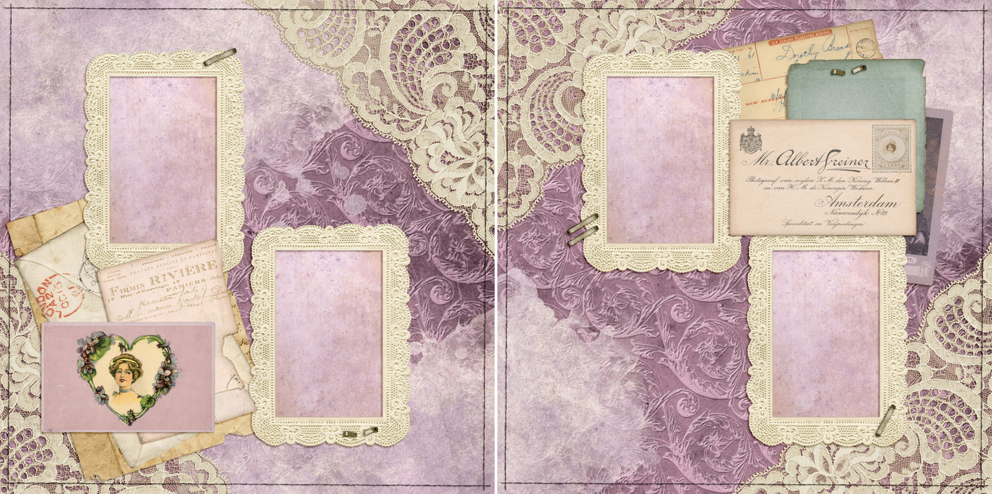 Vintage Lavender & Lace - Set of 5 Double Page Layouts - 1532