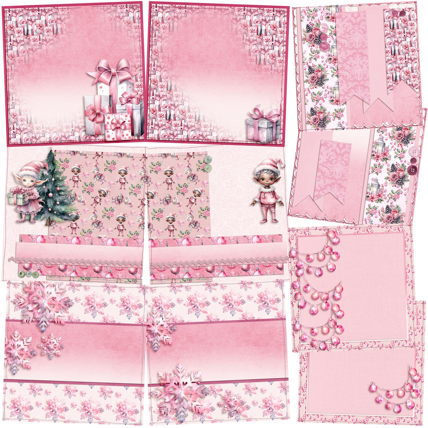 Pink & Silver Christmas NPM - Set of 5 Double Page Layouts - 1791