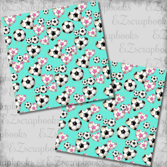 Heart Soccer Balls Aqua - 12x12 Scrapbook Papers - 26-293