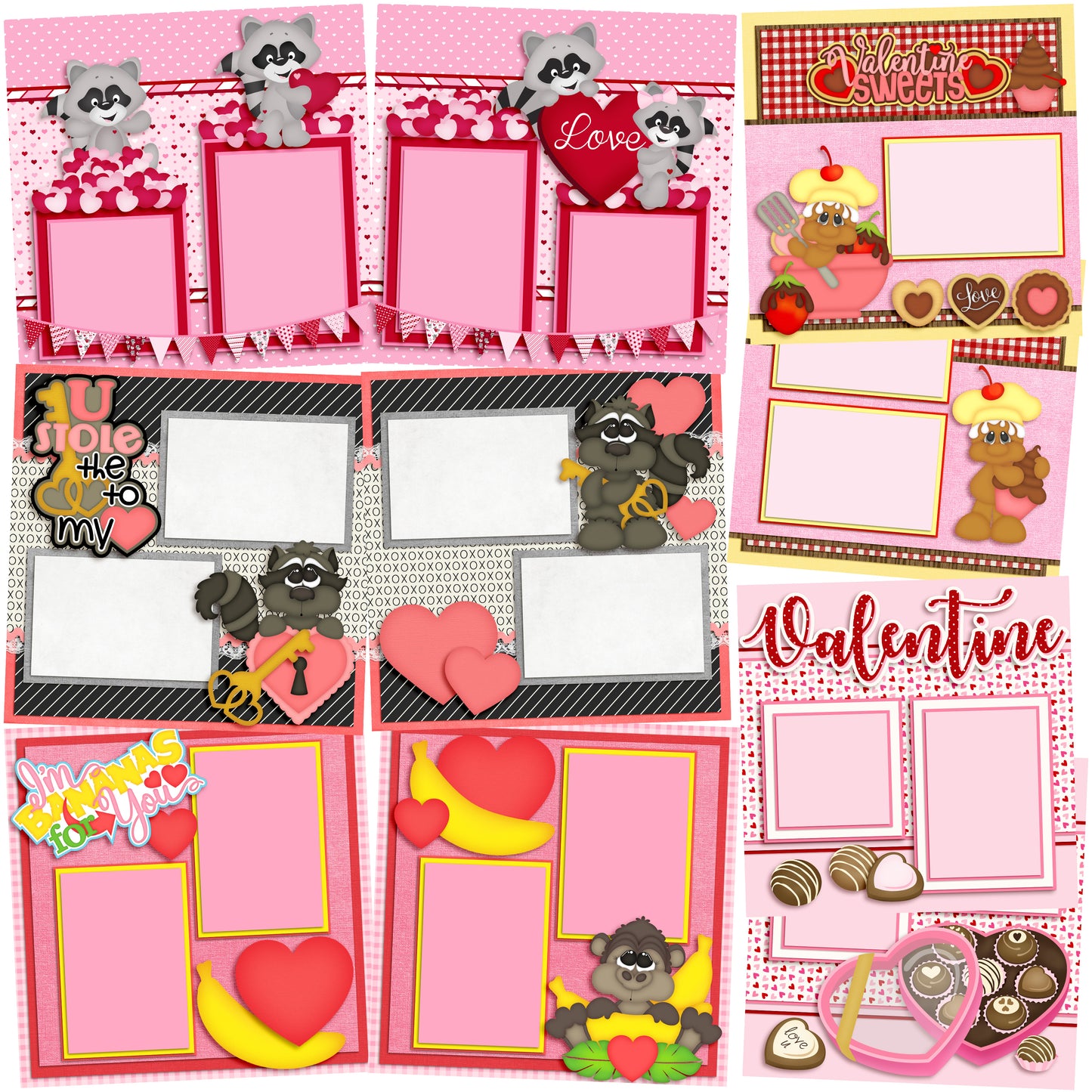 Valentine Candy - Set of 5 Double Page Scrapbook Layouts - 1233