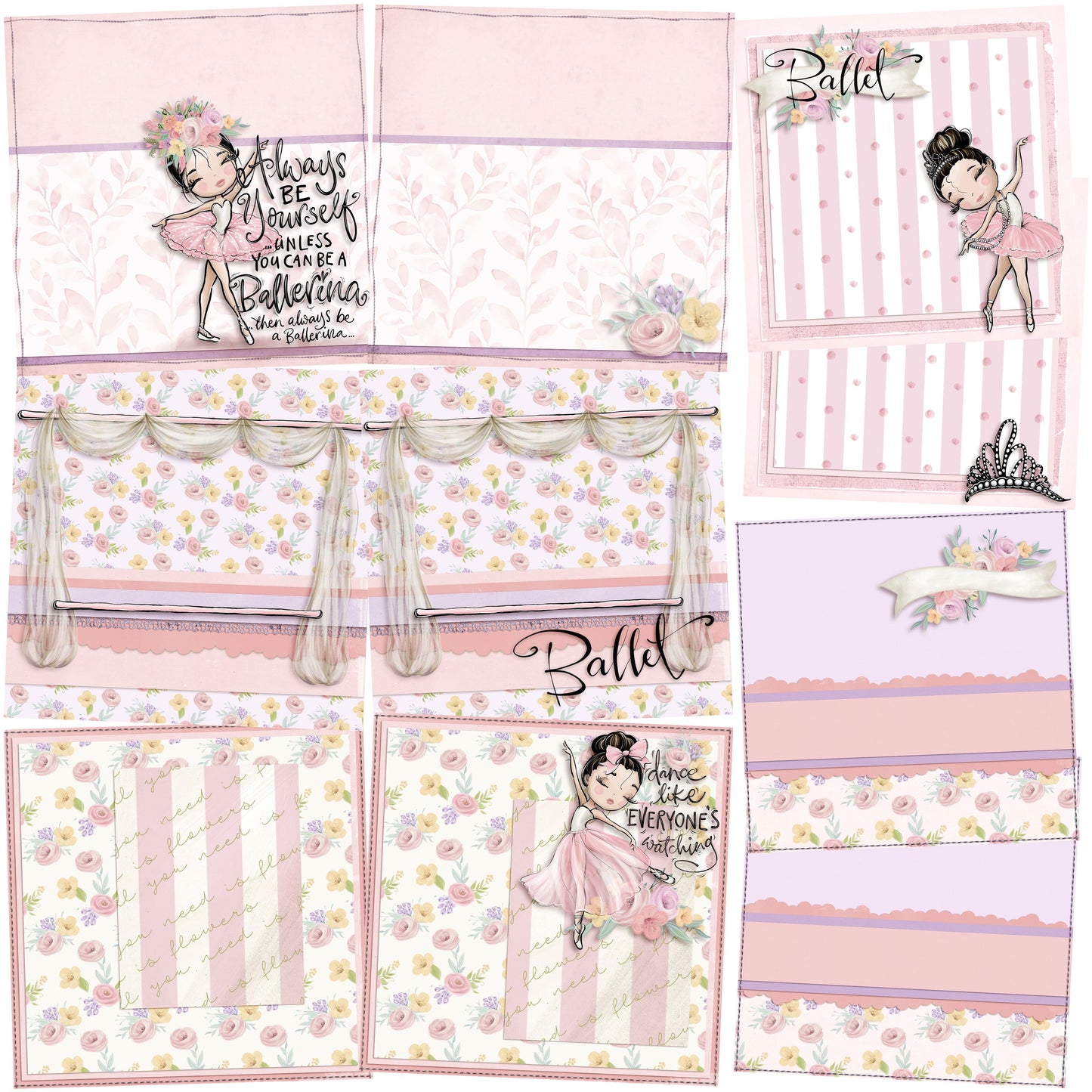 Ballet - Black Hair EZ Background Pages -  Digital Bundle - 10 Digital Scrapbook Pages - INSTANT DOWNLOAD