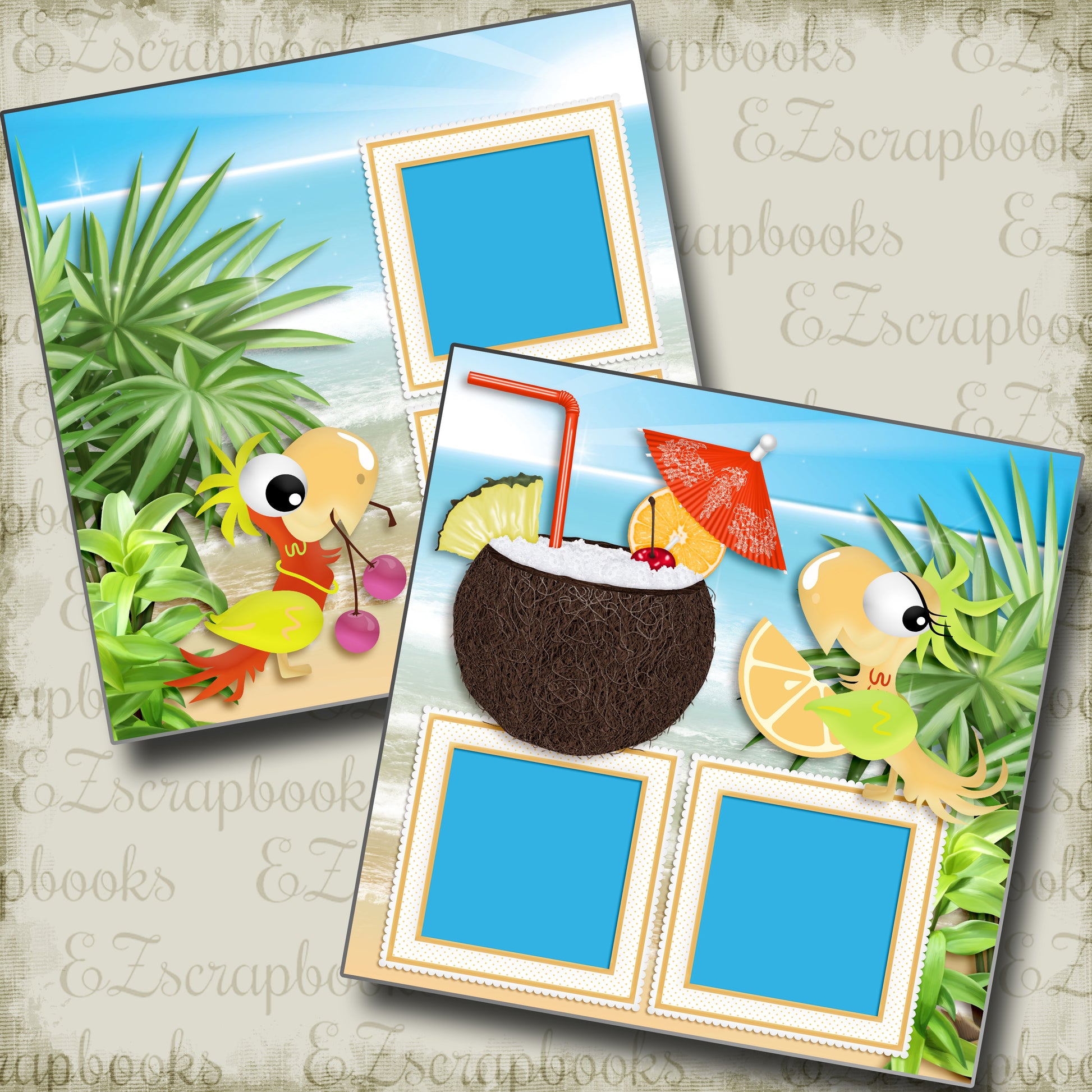 Party Parrots - 4070 - EZscrapbooks Scrapbook Layouts Beach - Tropical, cruise, Summer