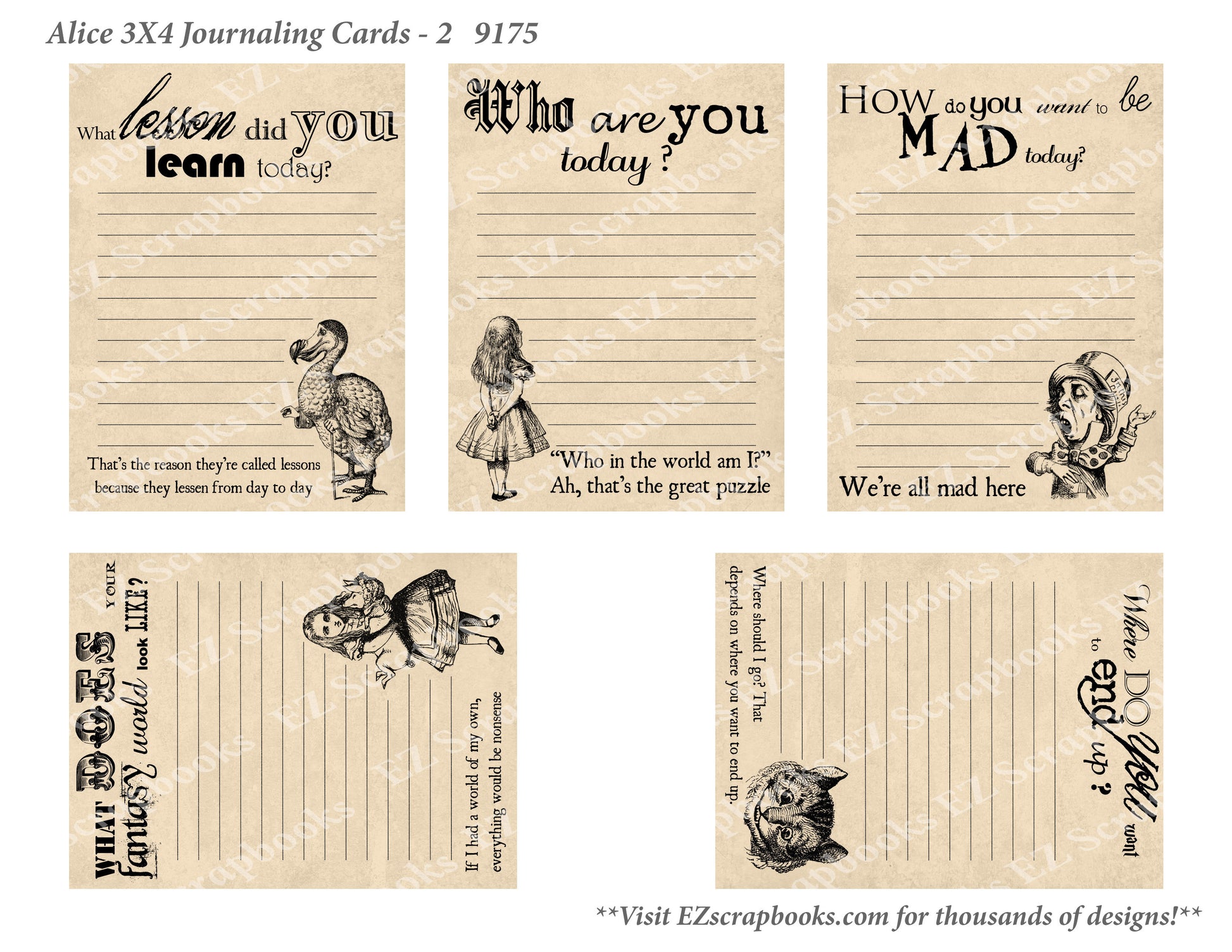 Alice 3x4 Journaling Cards 2 - 9175 - EZscrapbooks Scrapbook Layouts Wonderland