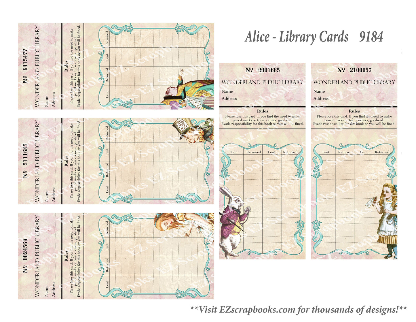 Alice Library Cards - 9184 - EZscrapbooks Scrapbook Layouts Wonderland