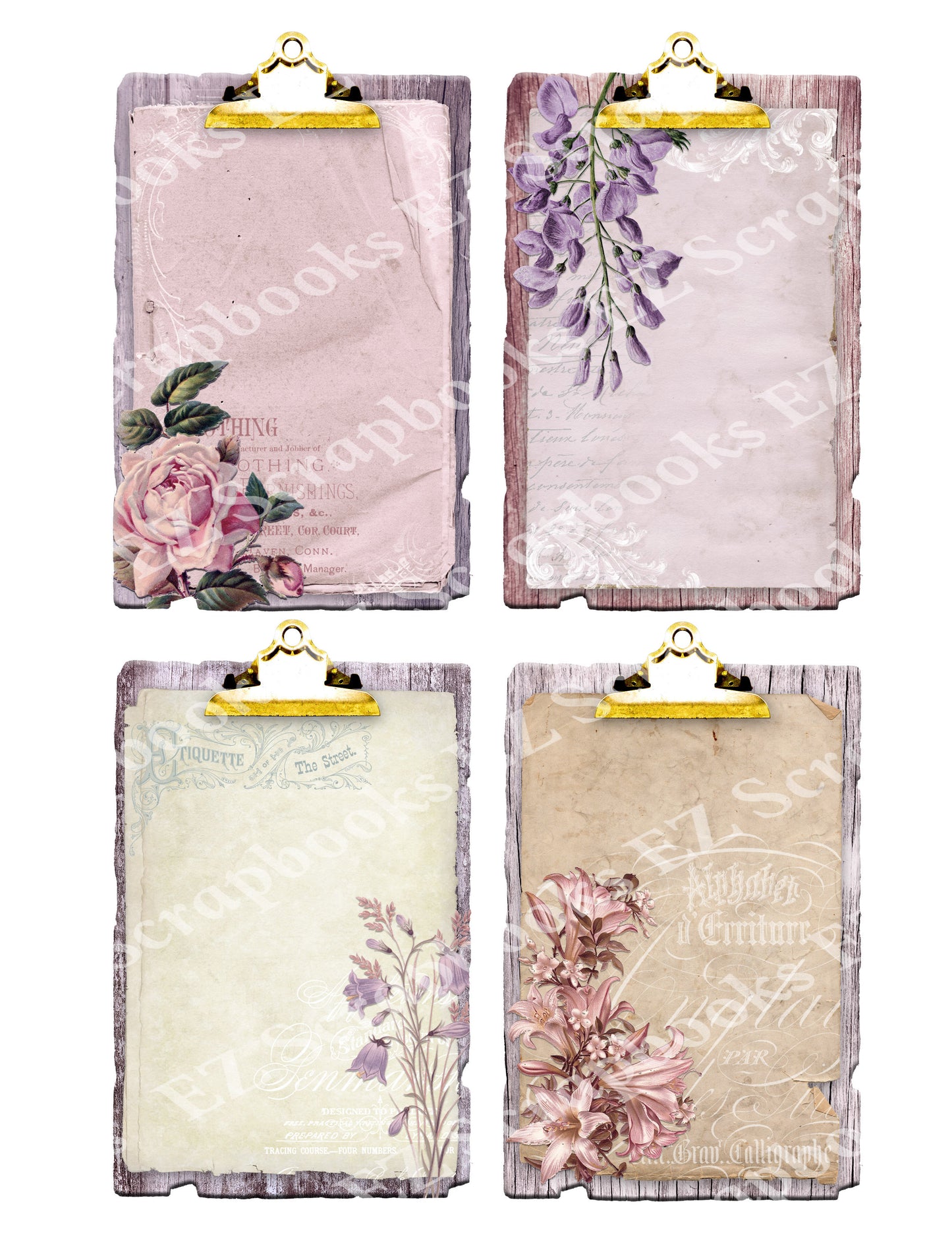 Shabby Flowers Clipboards Gold - 9360 - EZscrapbooks Scrapbook Layouts Cards, Flowers