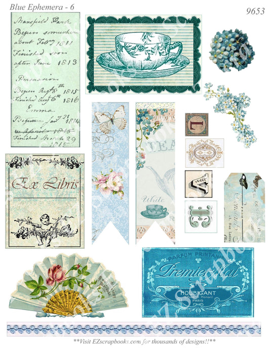 Blue Ephemera - Embellishments - 6 - 9653 - EZscrapbooks Scrapbook Layouts Ephemera