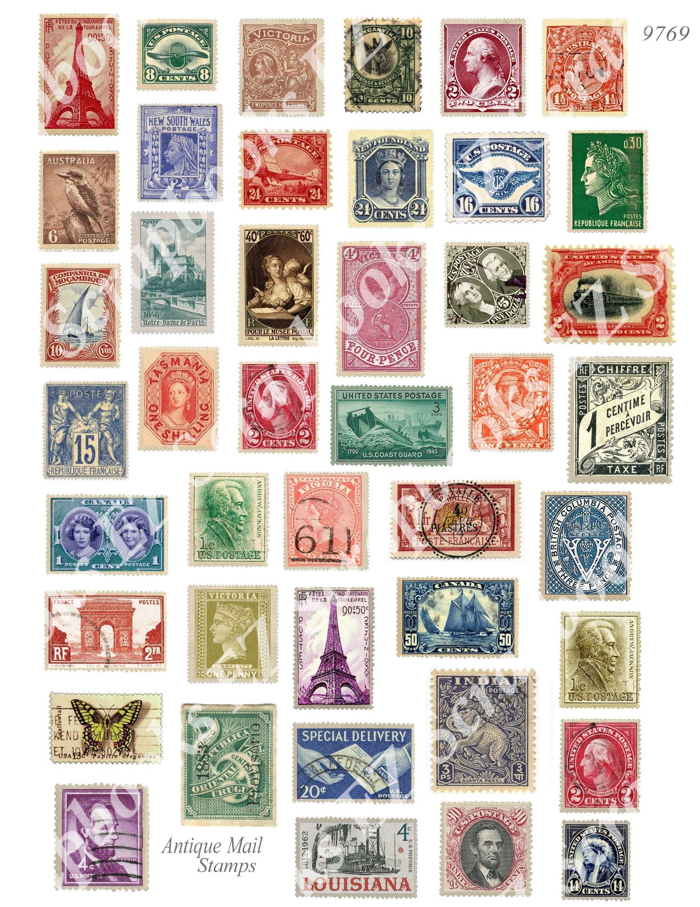 Antique Mail - Stamps - 9769 - EZscrapbooks Scrapbook Layouts Vintage