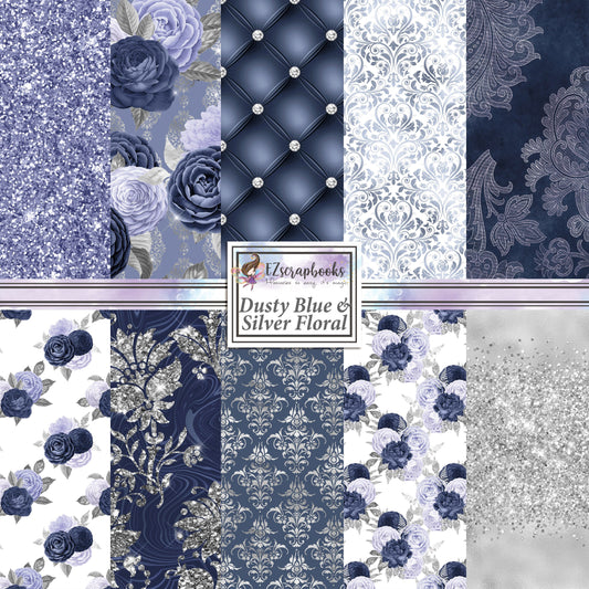 Dusty Blue & Silver Floral - Paper Pack - 8396