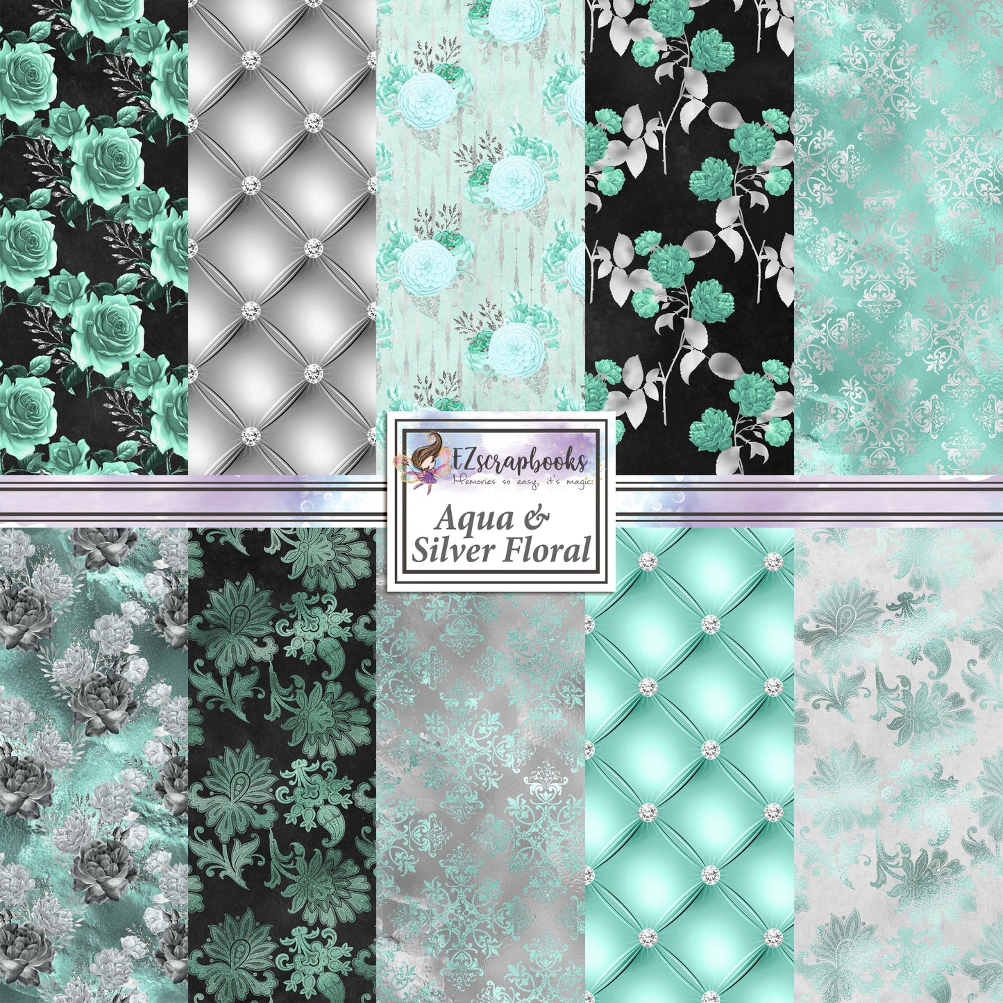 Aqua & Silver Floral - Paper Pack - 8390