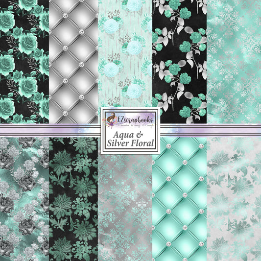 Aqua & Silver Floral - Paper Pack - 8390