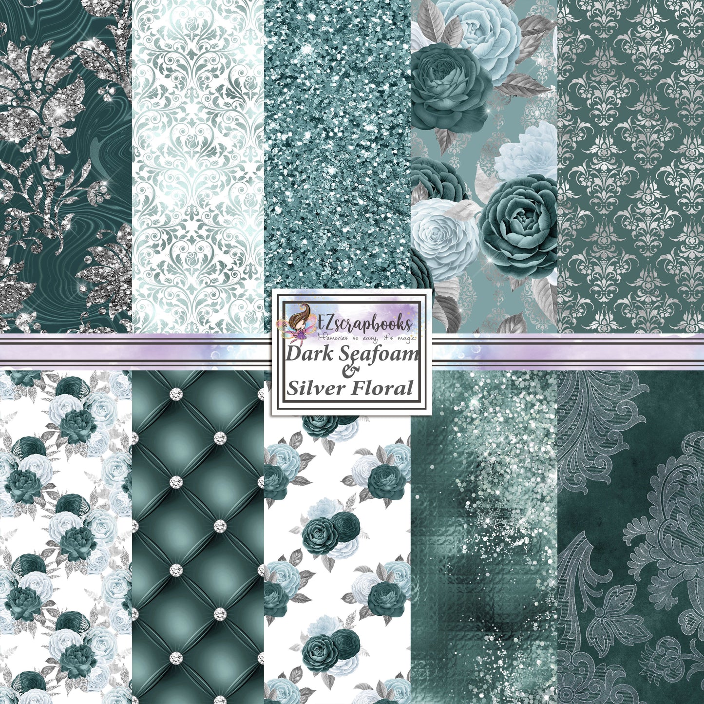 Dark Seafoam & Silver Floral - Paper Pack - 8414