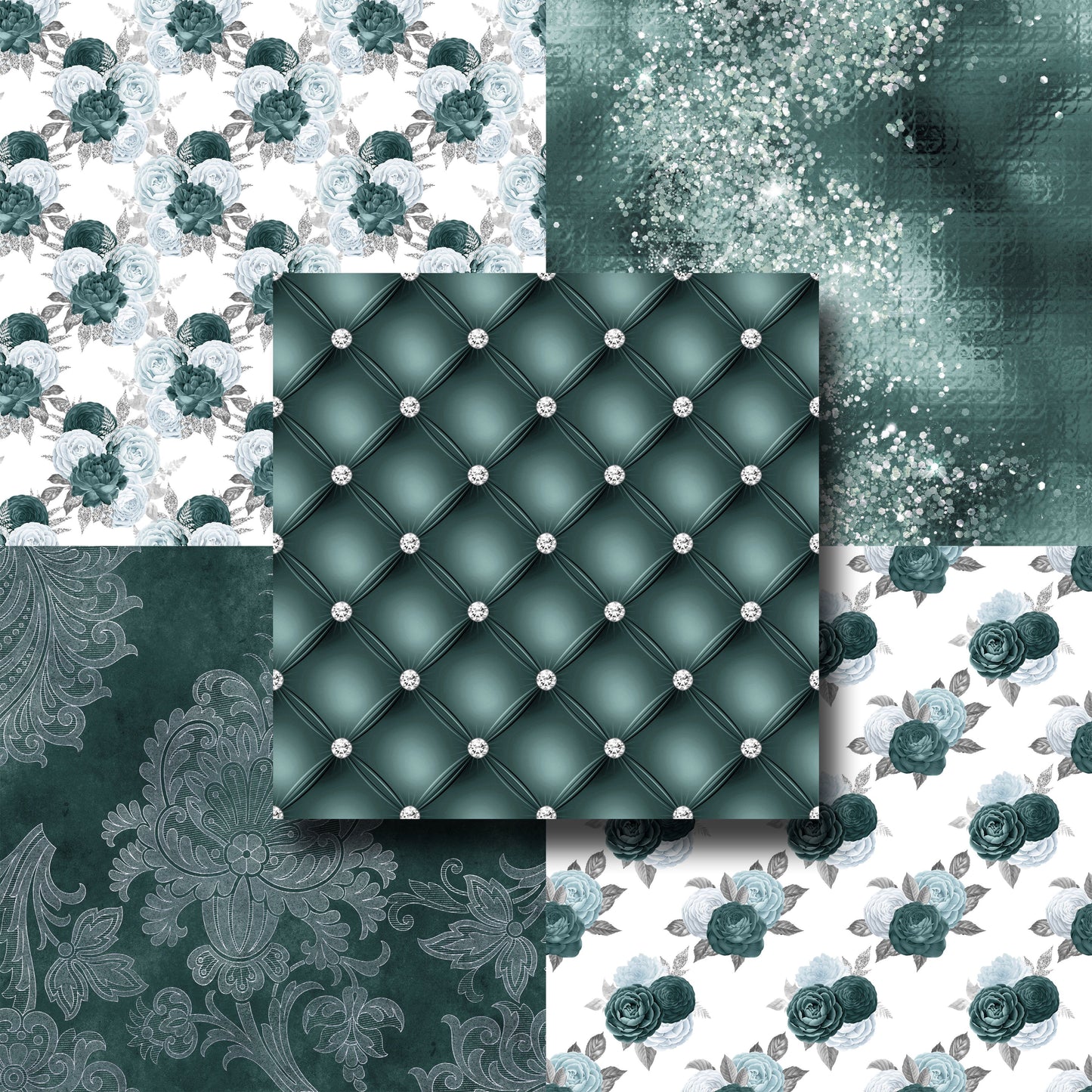 Dark Seafoam & Silver Floral - Paper Pack - 8414