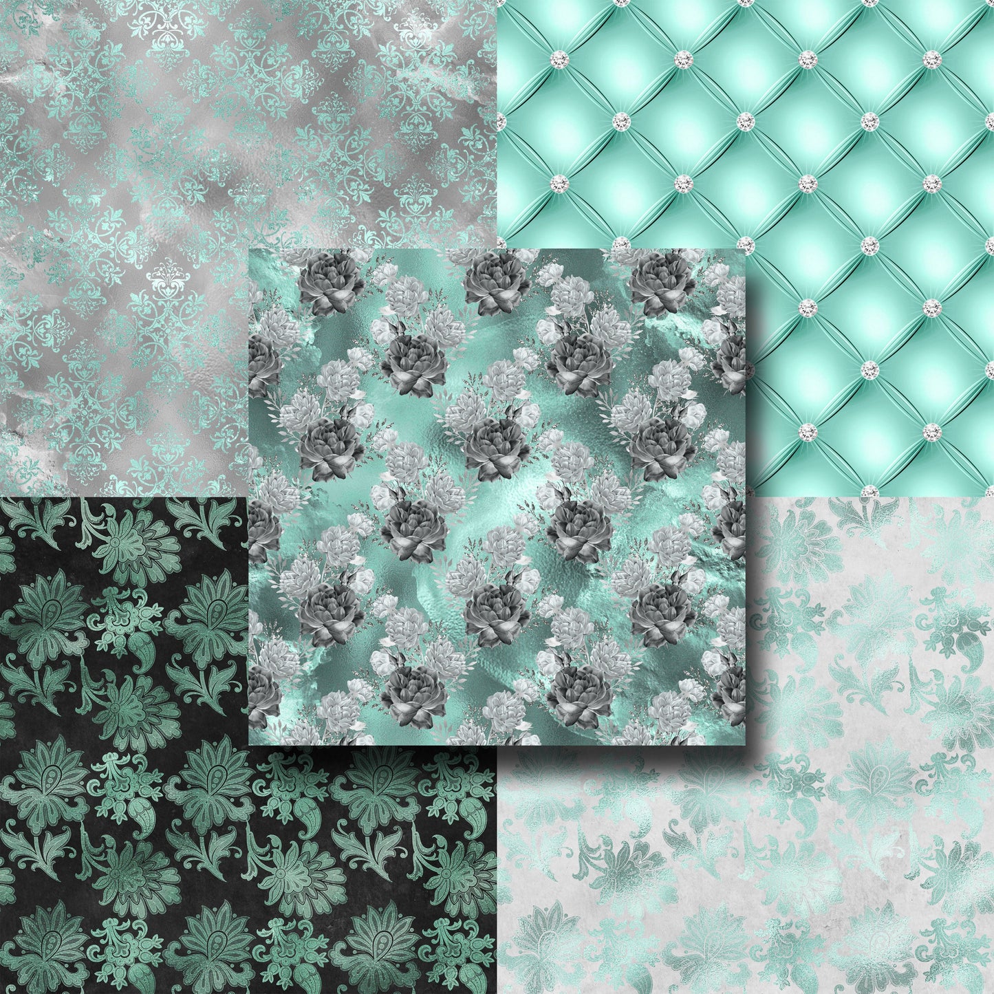 Aqua & Silver Floral - Paper Pack - 8390