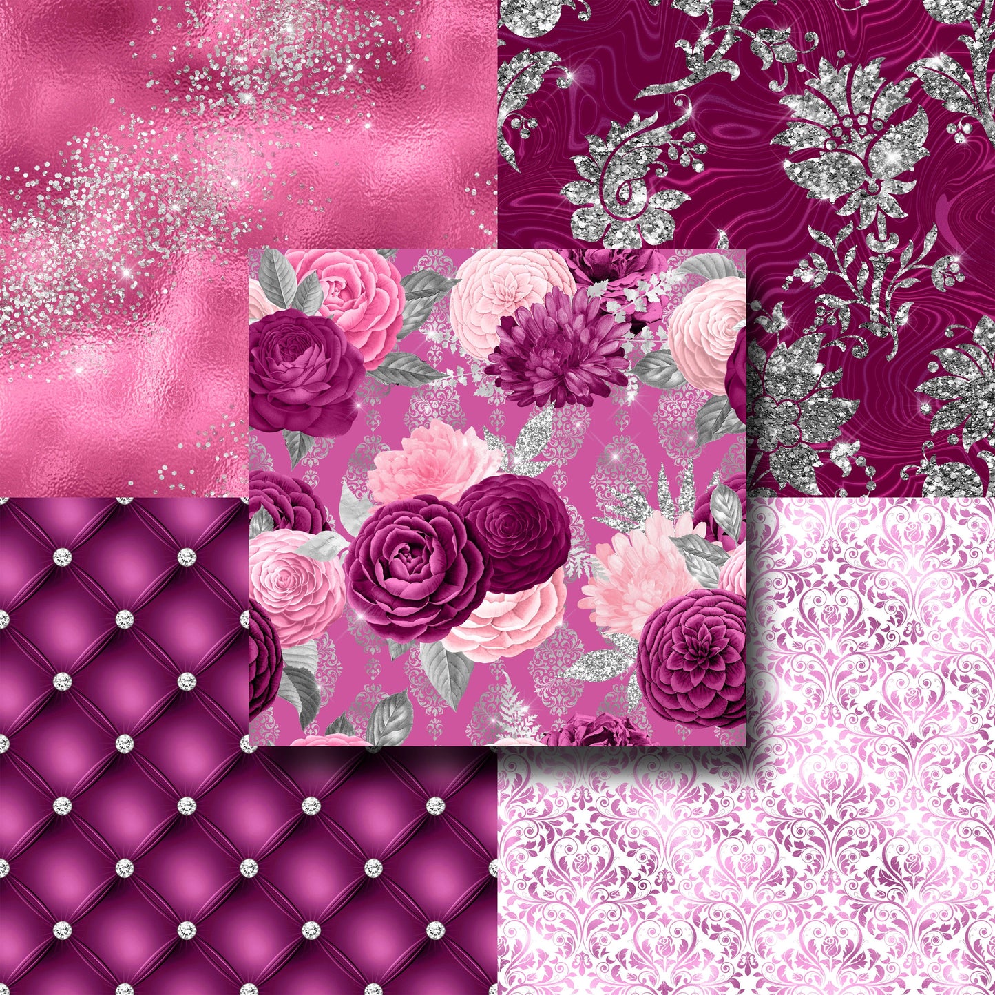 Magenta & Silver Floral - Paper Pack - 8400