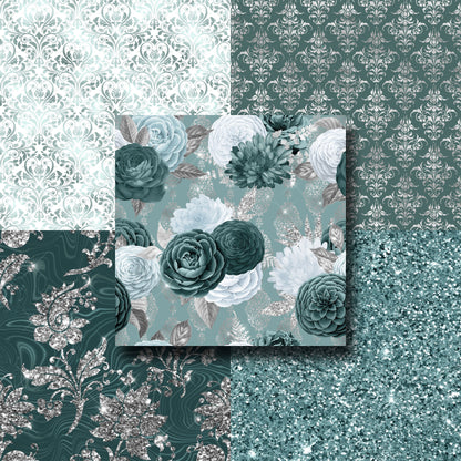 Dark Seafoam & Silver Floral - Paper Pack - 8414