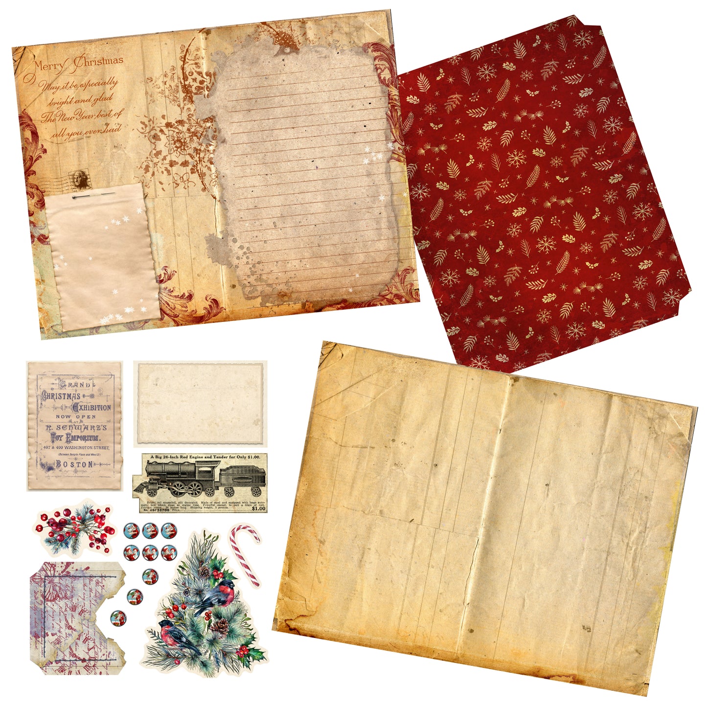 Vintage Christmas Journal Red DIY Kit - 7118 - EZscrapbooks Scrapbook Layouts Christmas, Journals