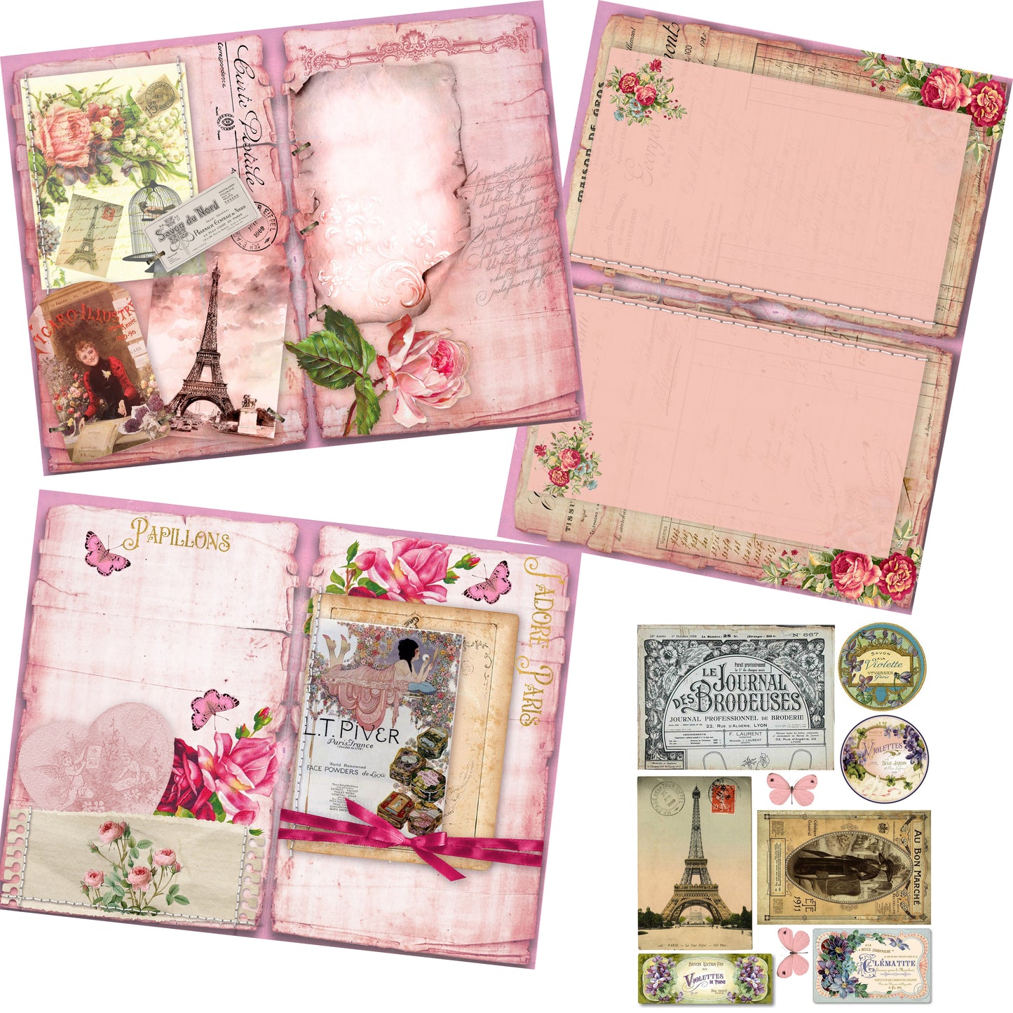 Pink Paris Junk Journal Kit - 7105 - EZscrapbooks Scrapbook Layouts Journals