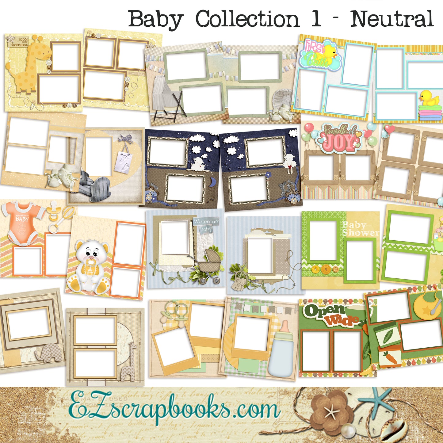 Baby Collection 1 - Neutral -  Digital Bundle - 24 Digital Scrapbook Pages - INSTANT DOWNLOAD - EZscrapbooks Scrapbook Layouts Baby - Toddler, Digital Bundle