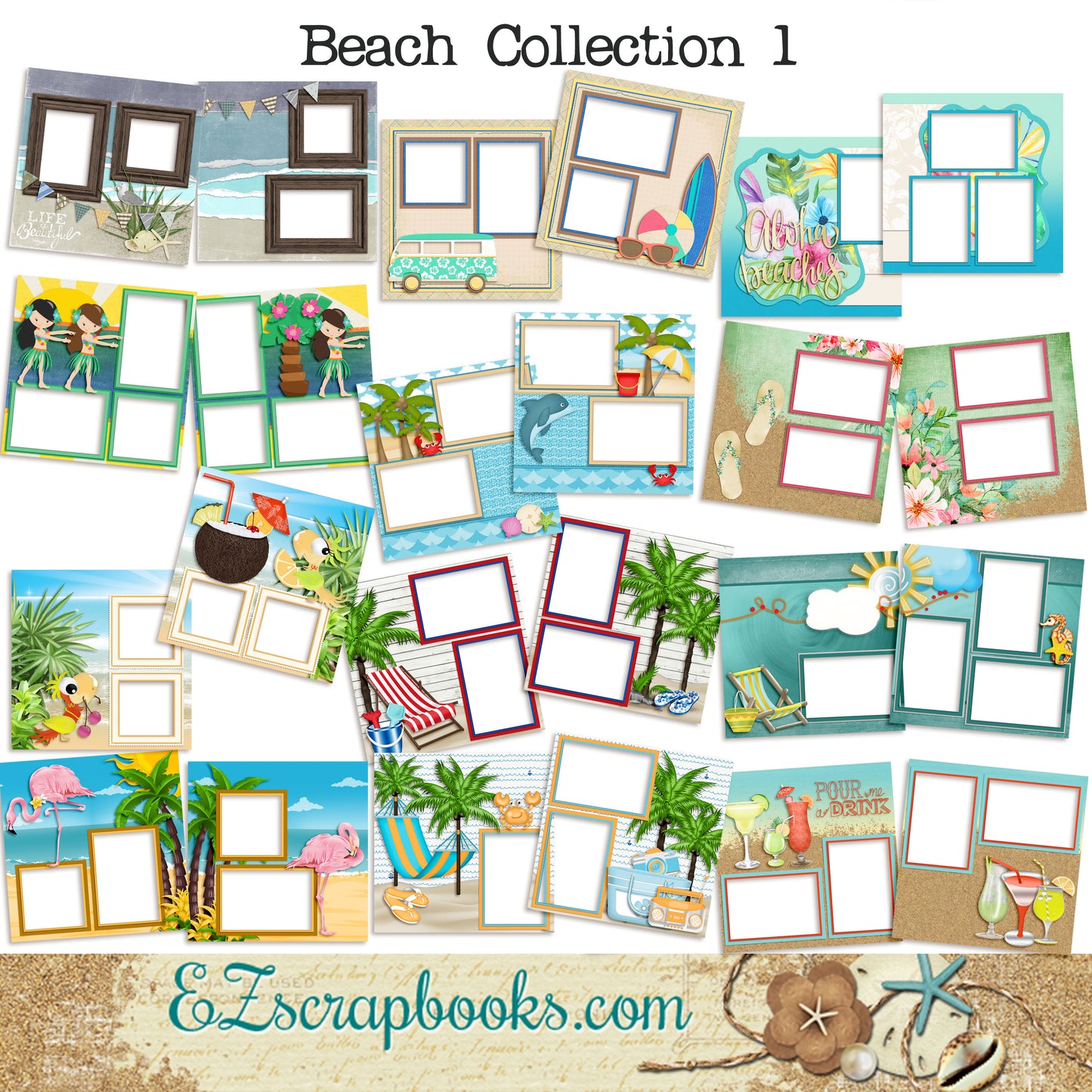 Beach Collection 1 -  Digital Bundle - 24 Digital Scrapbook Pages - INSTANT DOWNLOAD - EZscrapbooks Scrapbook Layouts Beach - Tropical, Digital Bundle