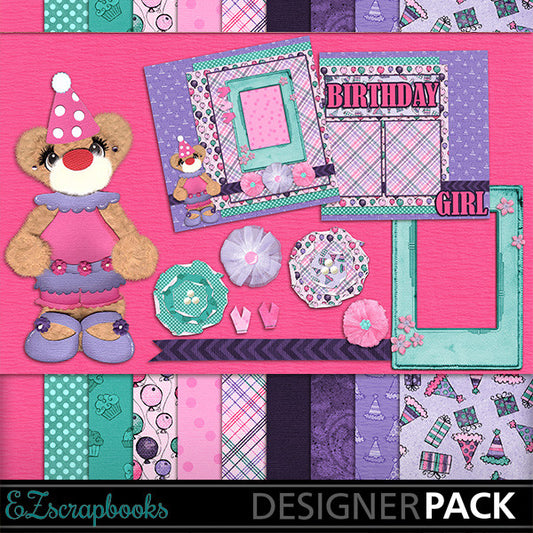 Happy Birthday Girl Bear Digital Kit - INSTANT DOWNLOAD - EZscrapbooks Scrapbook Layouts Birthday, Kits