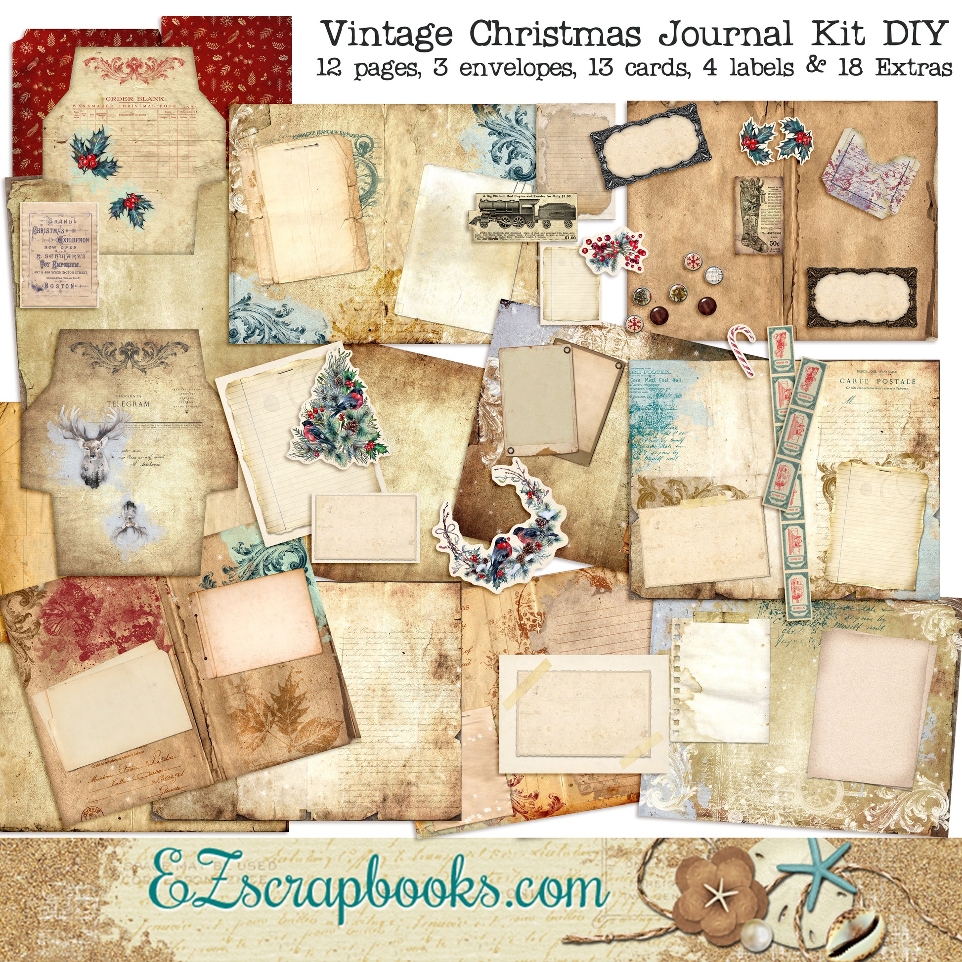 Vintage Christmas Journal Red DIY Kit - 7118 - EZscrapbooks Scrapbook Layouts Christmas, Journals