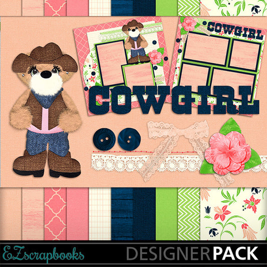 Cowgirl Bear Digital Kit - INSTANT DOWNLOAD - EZscrapbooks Scrapbook Layouts Kits, Western - Cowboy