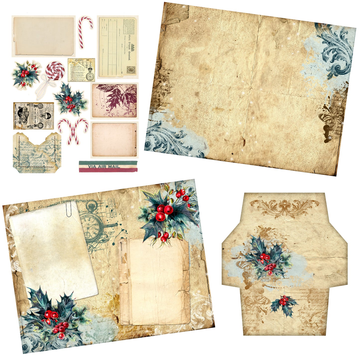 Vintage Christmas Journal Blue DIY Kit - 7119 - EZscrapbooks Scrapbook Layouts Christmas, Journals