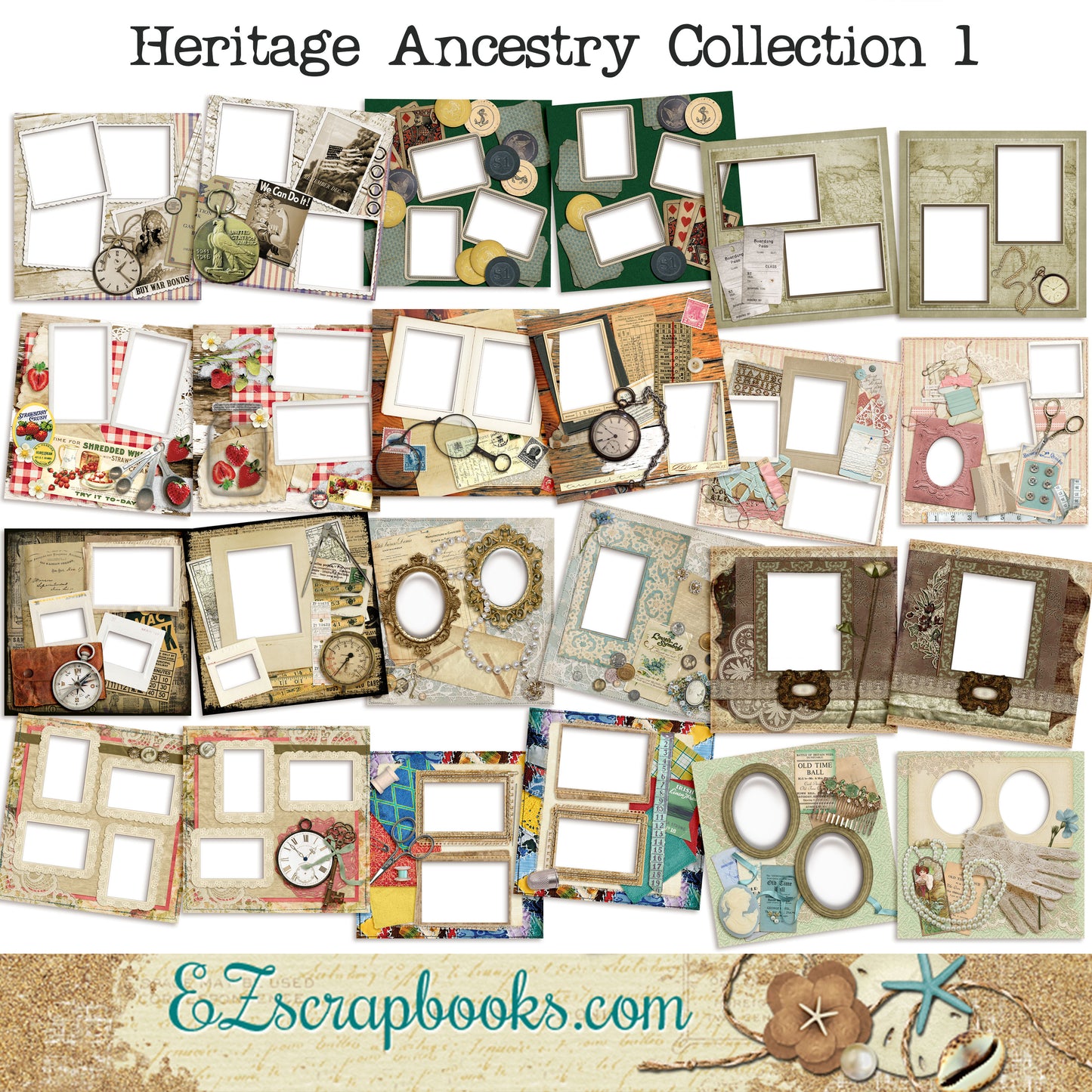 Heritage Ancestry Collection 1 -  Digital Bundle - 24 Digital Scrapbook Pages - INSTANT DOWNLOAD - EZscrapbooks Scrapbook Layouts Digital Bundle, Heritage