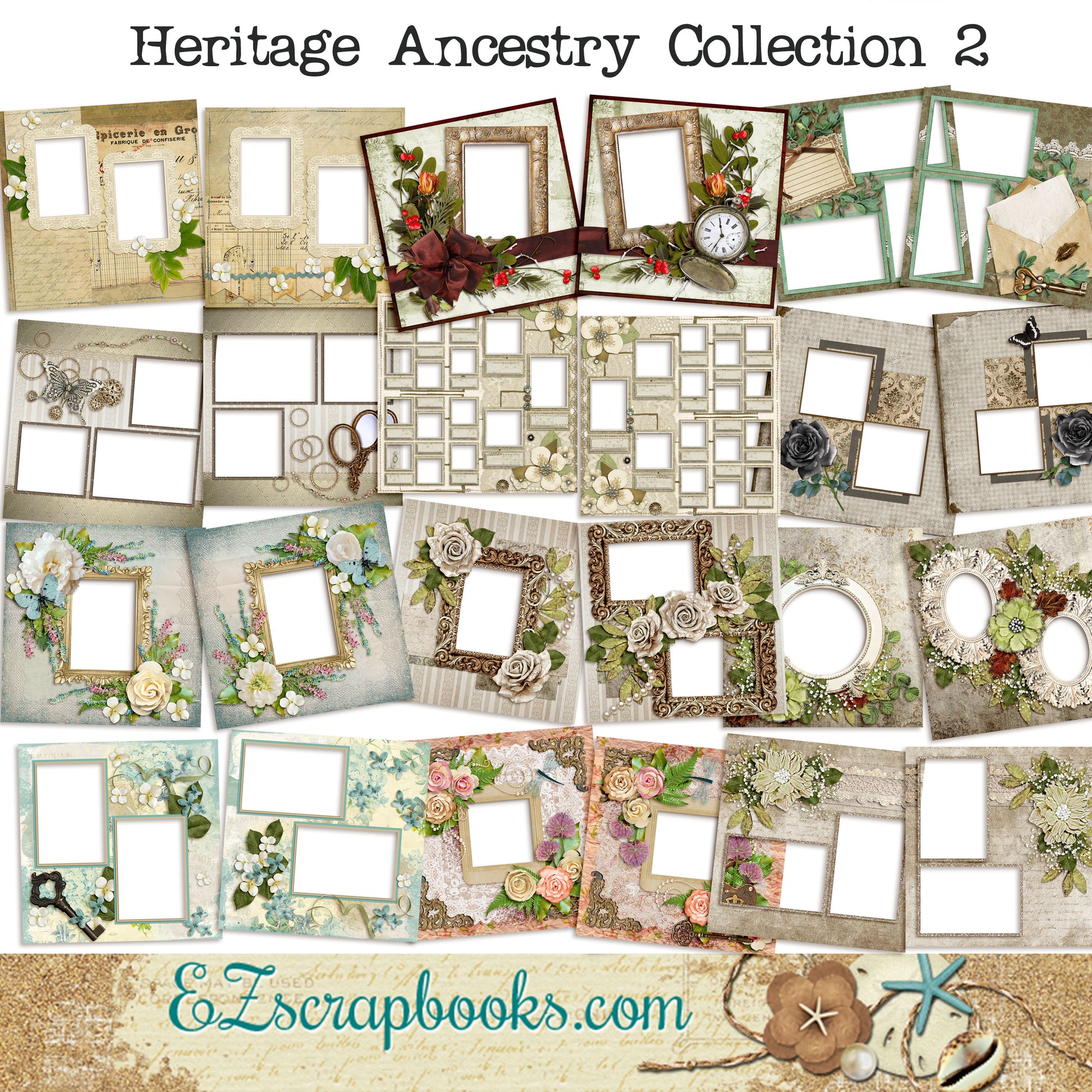 Heritage Ancestry Collection 2 -  Digital Bundle - 24 Digital Scrapbook Pages - INSTANT DOWNLOAD - EZscrapbooks Scrapbook Layouts Digital Bundle, Heritage
