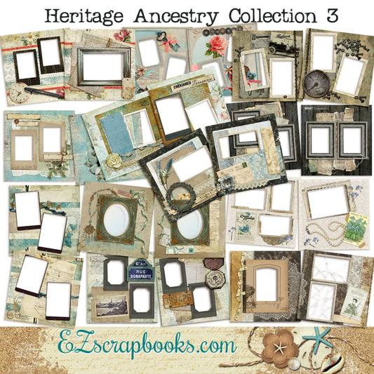Heritage Ancestry Collection 3 -  Digital Bundle - 24 Digital Scrapbook Pages - INSTANT DOWNLOAD - EZscrapbooks Scrapbook Layouts Digital Bundle, Heritage
