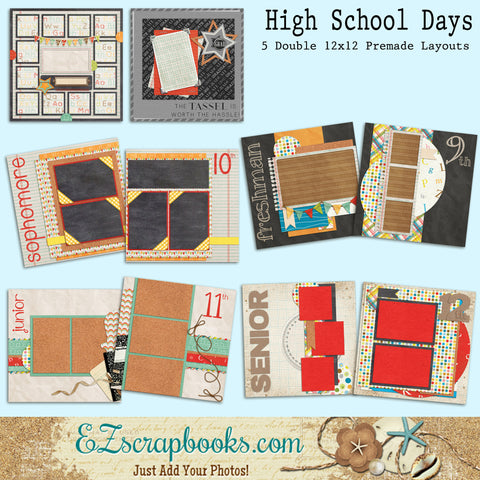 High School Days Set of 5 Double Page Layouts - EZscrapbooks Scrapbook Layouts Kids, School
