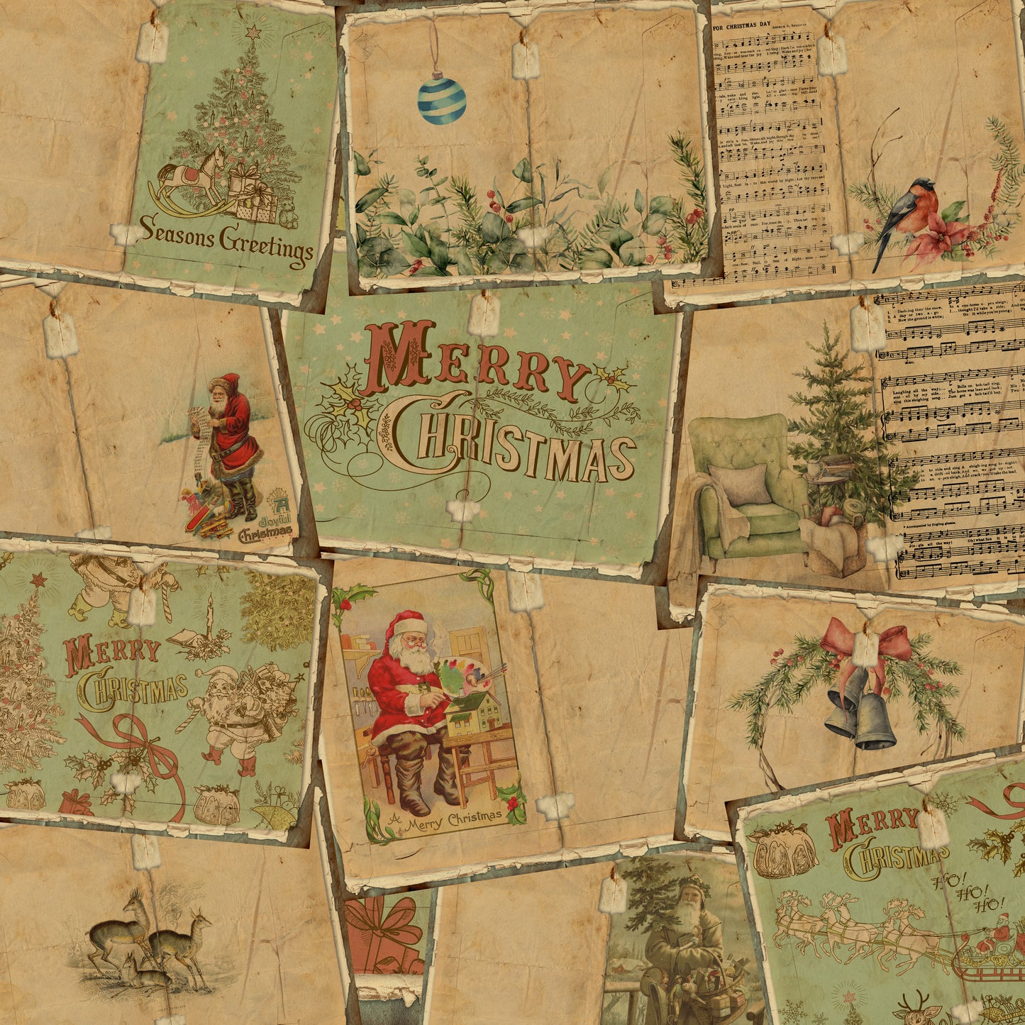 Shabby Christmas Green Junk Journal Pages - 7961