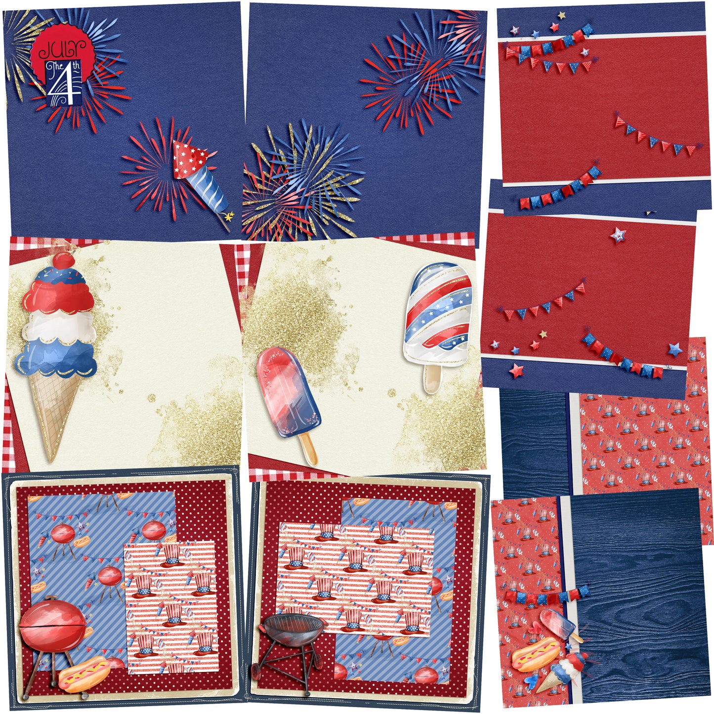 July the 4th EZ Background Pages -  Digital Bundle - 10 Digital Scrapbook Pages - INSTANT DOWNLOAD