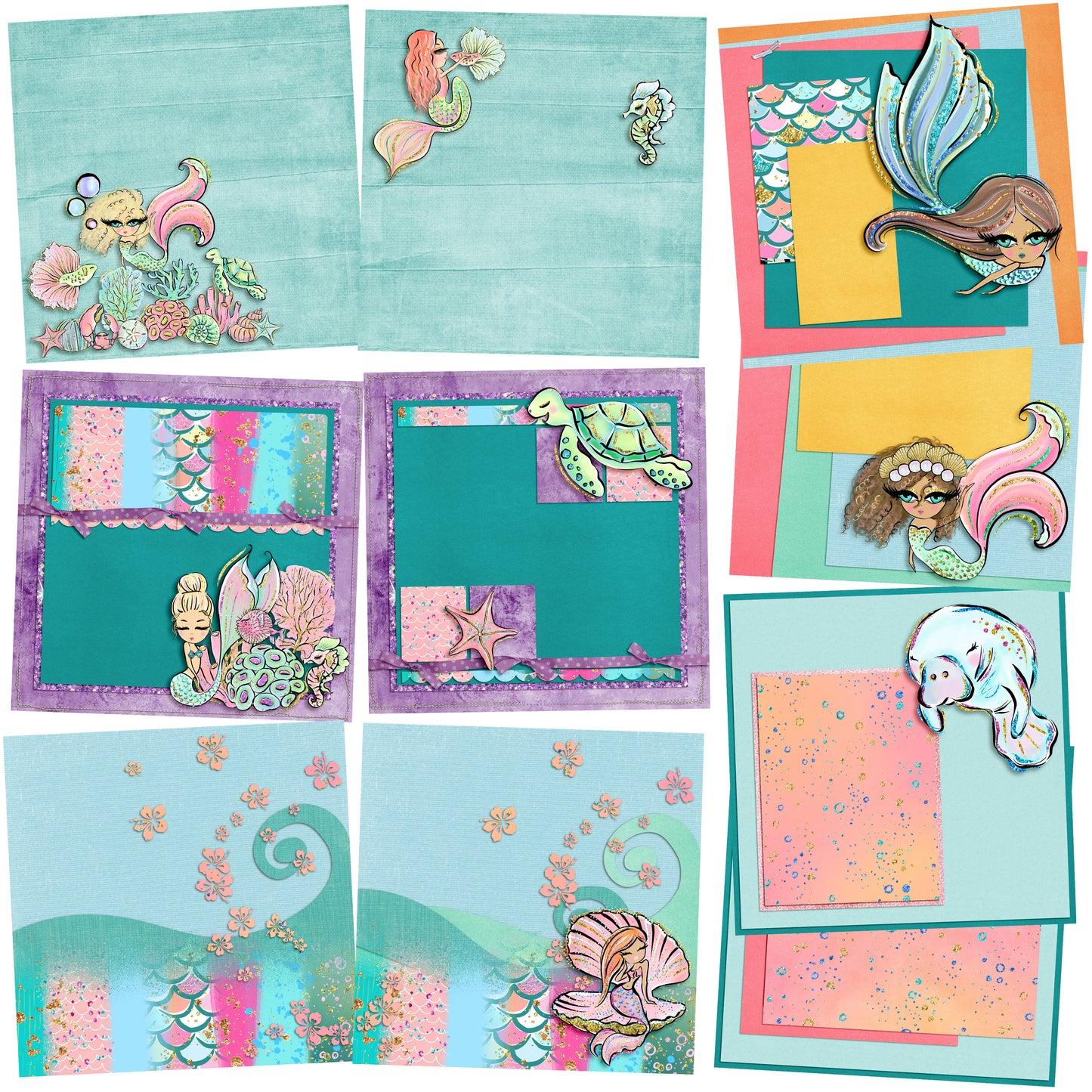 Mermaids EZ Background Pages -  Digital Bundle - 10 Digital Scrapbook Pages - INSTANT DOWNLOAD