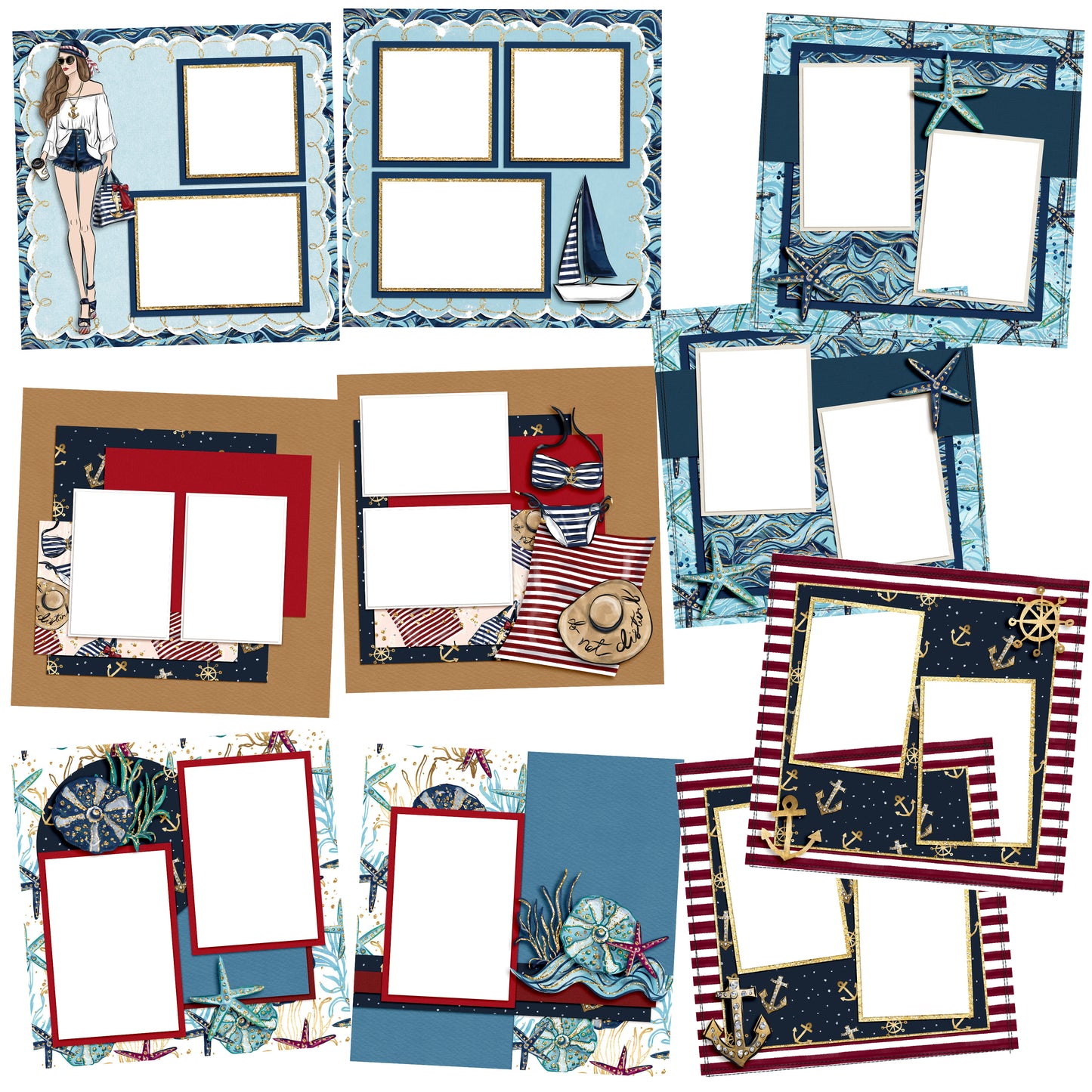 Nautical Vacation EZ Quick Pages -  Digital Bundle - 10 Digital Scrapbook Pages - INSTANT DOWNLOAD - EZscrapbooks Scrapbook Layouts Beach, Beach - Tropical, Digital Bundle, Nautical