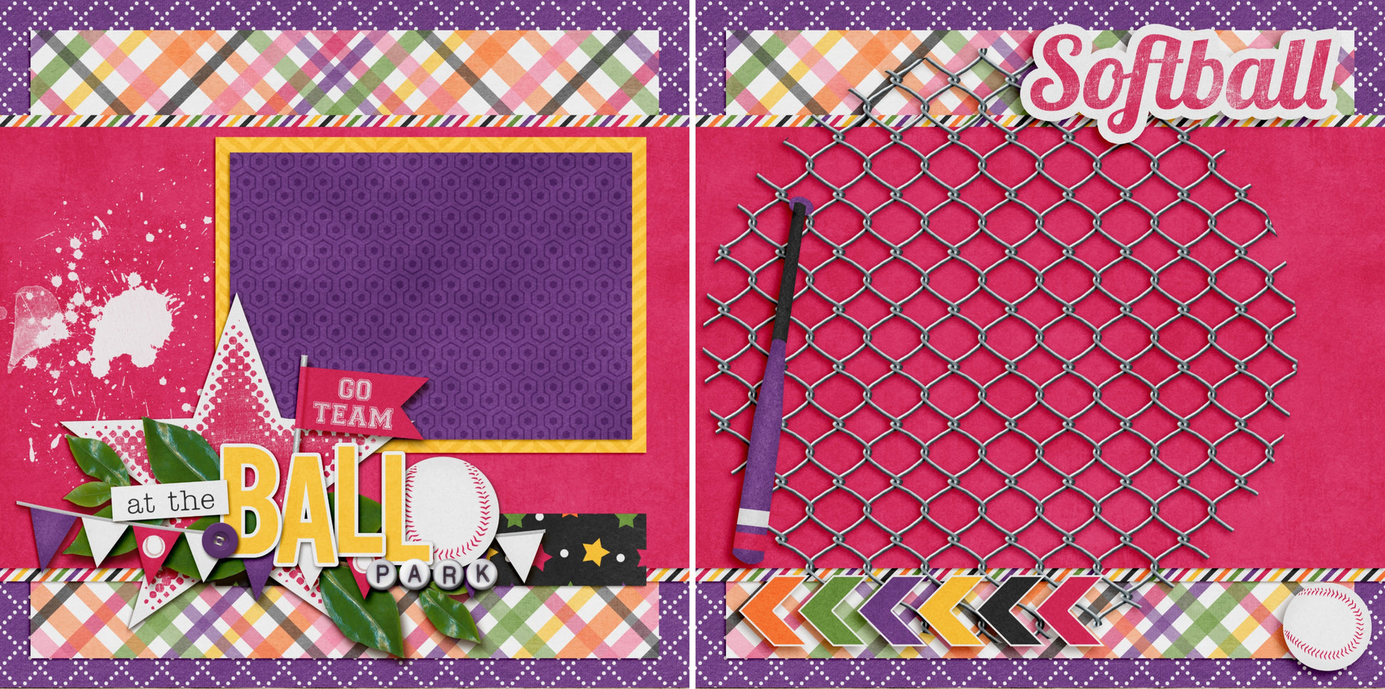 At the Ball Park Pink NPM - 3173 - EZscrapbooks Scrapbook Layouts softball, Sports