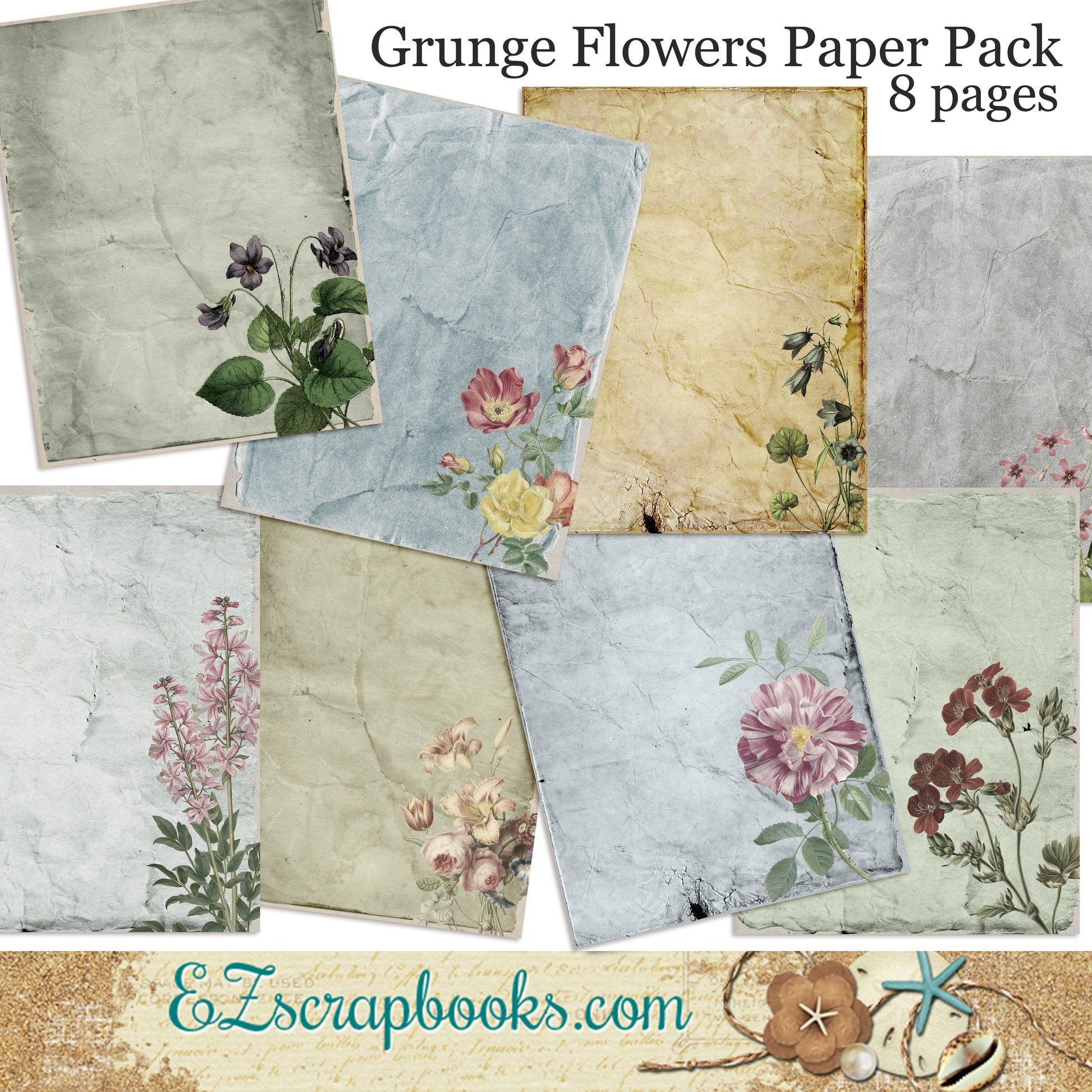 Grunge Flowers Journal Paper Pack - 7035 - EZscrapbooks Scrapbook Layouts Journals