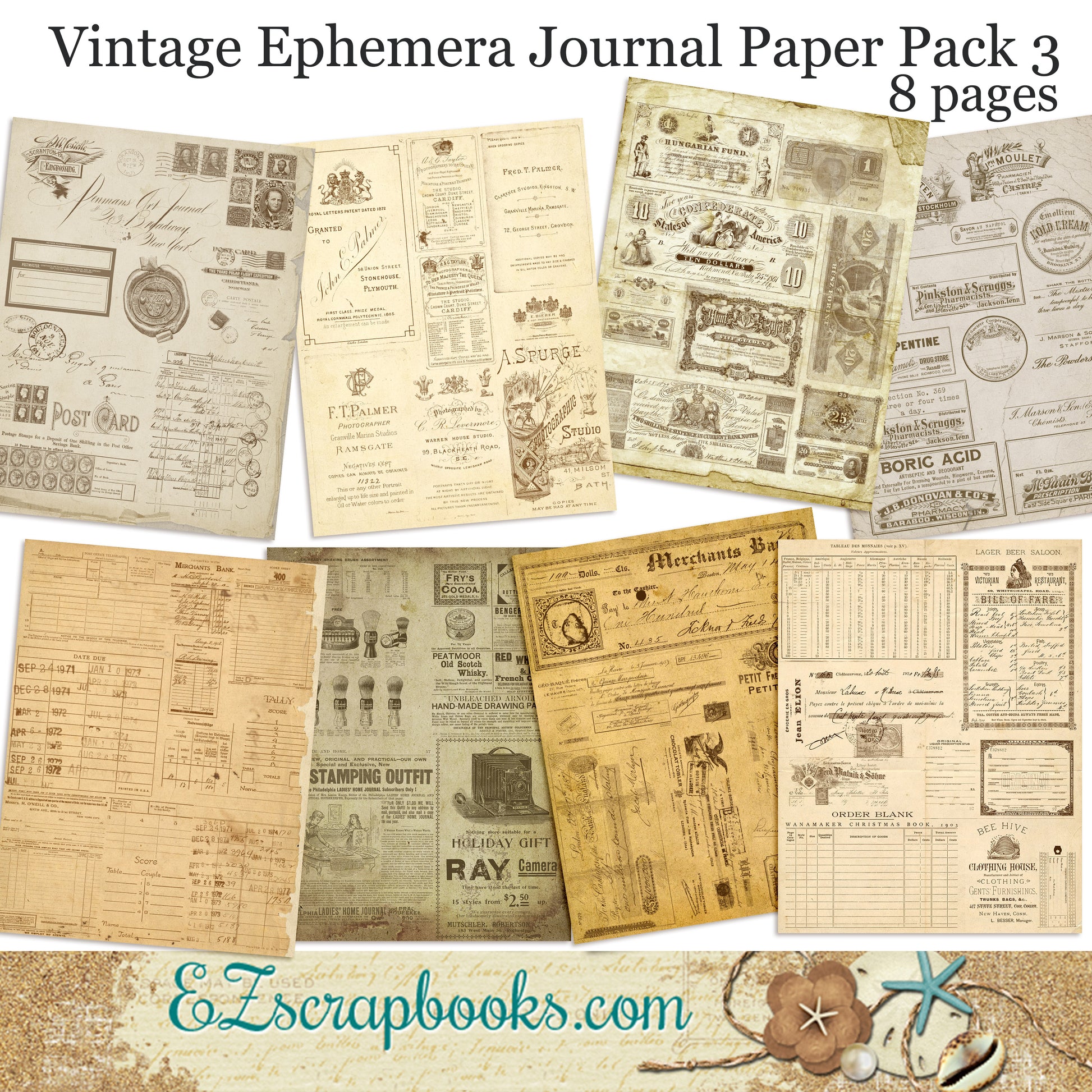 Vintage Ephemera 3 Journal Paper Pack - 7073 - EZscrapbooks Scrapbook Layouts Journals