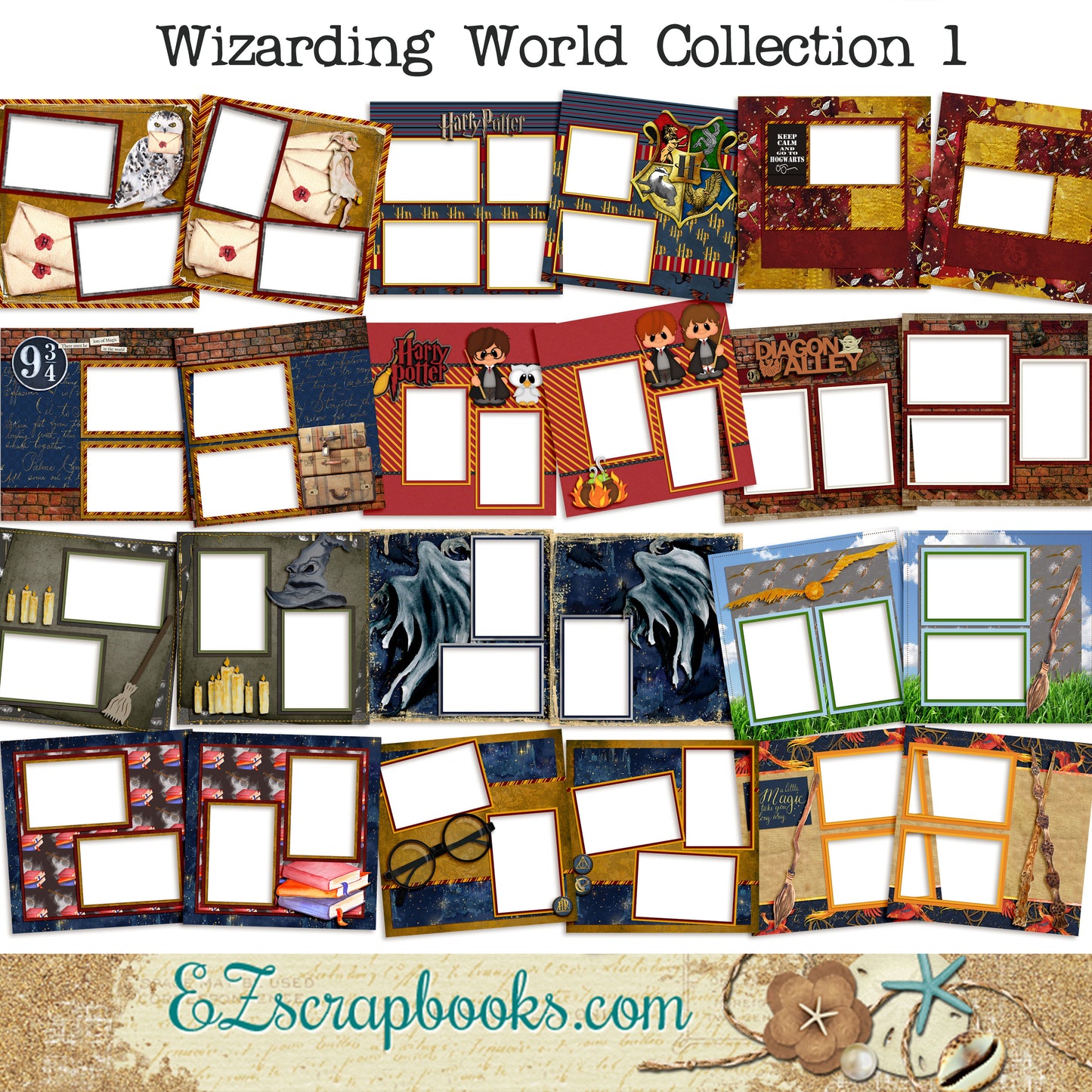 Wizarding World Collection 1 - Digital Bundle - 24 Digital Scrapbook Pages - INSTANT DOWNLOAD - EZscrapbooks Scrapbook Layouts Digital Bundle, Harry Potter