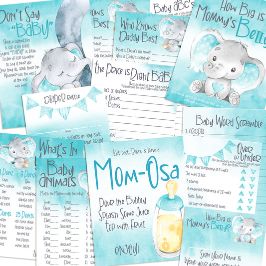9116 - Baby Shower Games Bundle - Blue Elephant - 11 Games - EZscrapbooks Scrapbook Layouts Baby / Bridal Shower