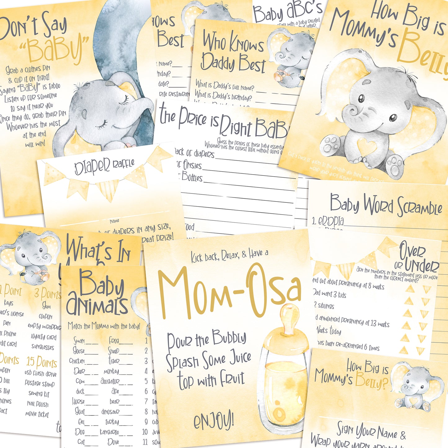 Baby Shower Games Bundle - INSTANT DOWNLOAD - Yellow - 11 Games - EZscrapbooks Scrapbook Layouts Baby / Bridal Shower