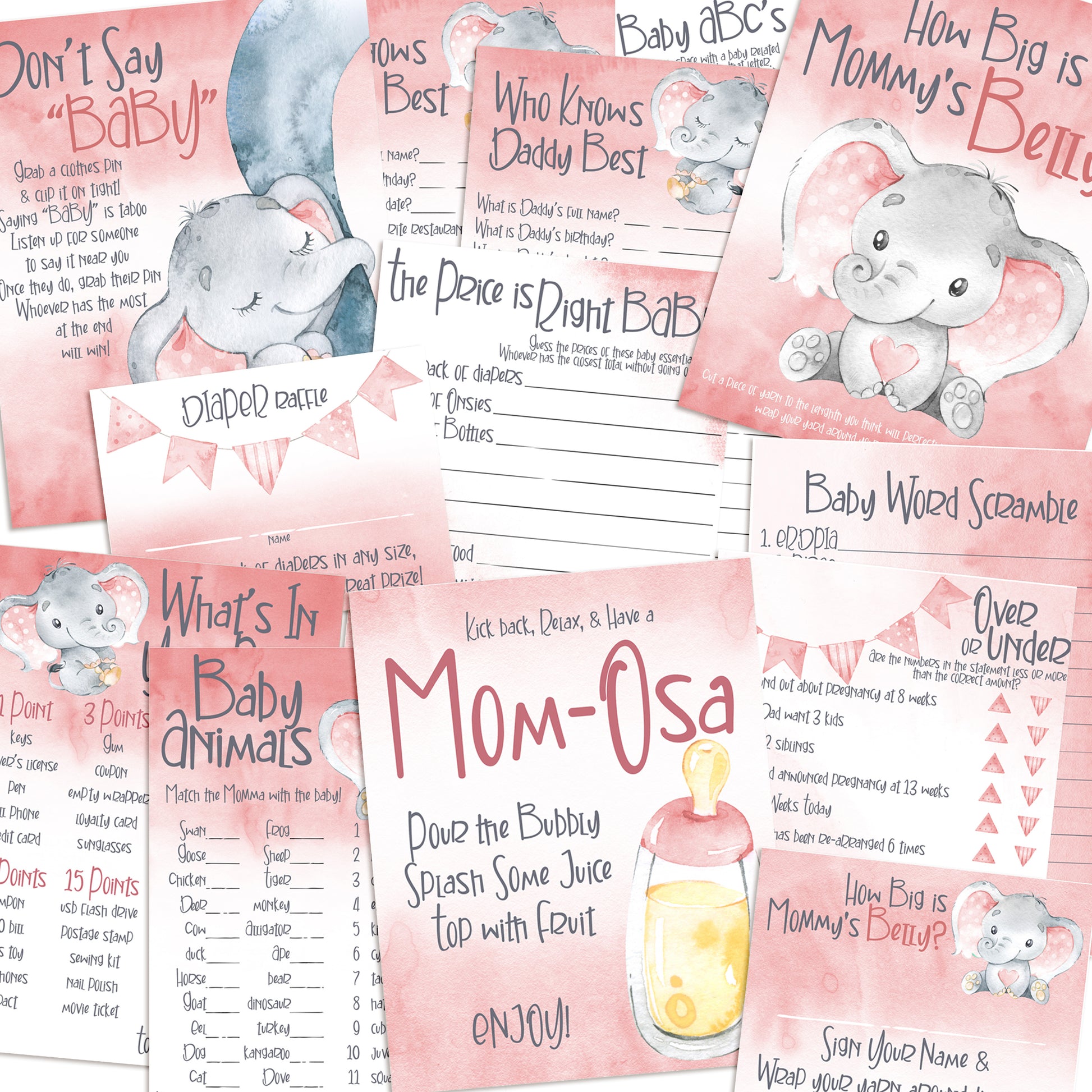 9115 - Baby Shower Games Bundle - Pink Elephant - 11 Games - EZscrapbooks Scrapbook Layouts Baby / Bridal Shower